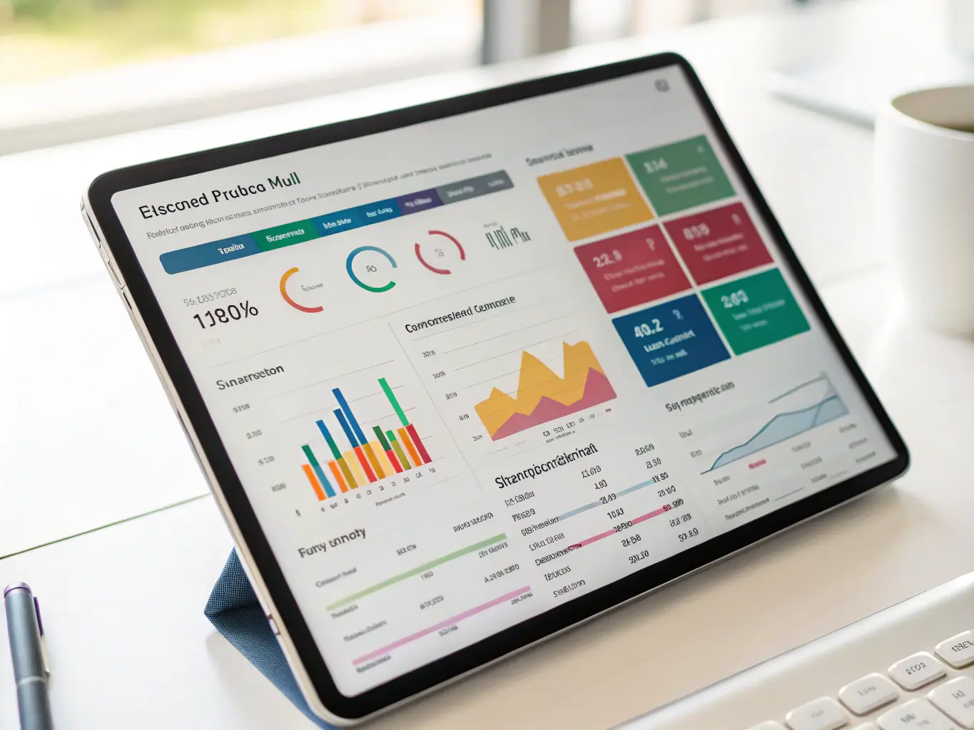 An image illustrating a dashboard with various financial management tools and charts, displayed on a tablet, in a modern office setting.